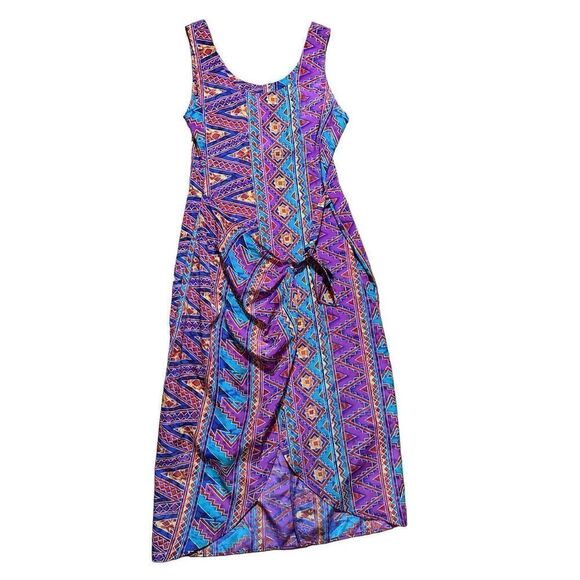 Vintage 90s La Belle Aztec Print Midi Dress Purple Magenta Boho Sz M Boho Indie - Picture 2 of 8